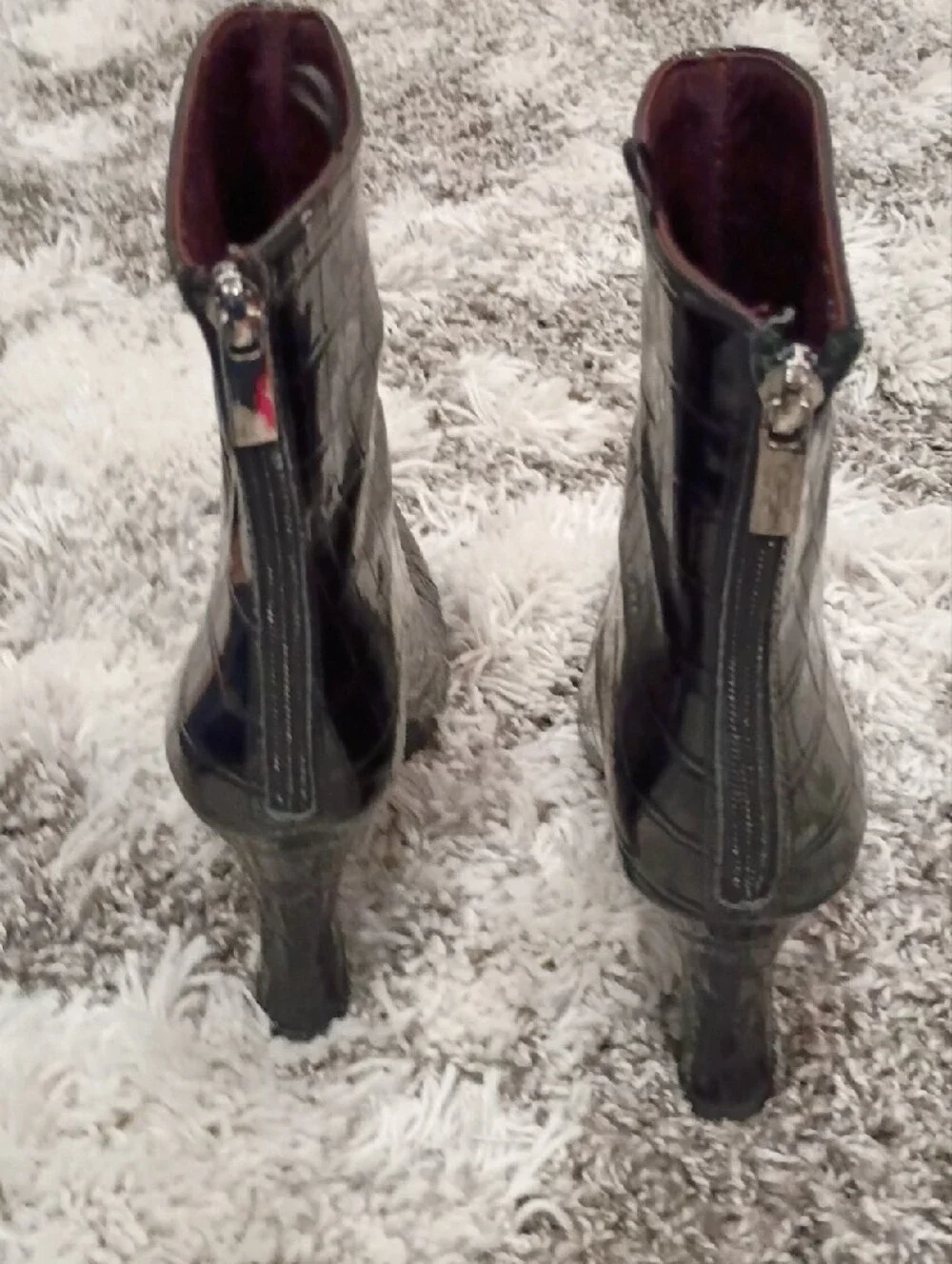H&M Black Croc-Embossed Pointed Ankle Booties with Burgundy Lining